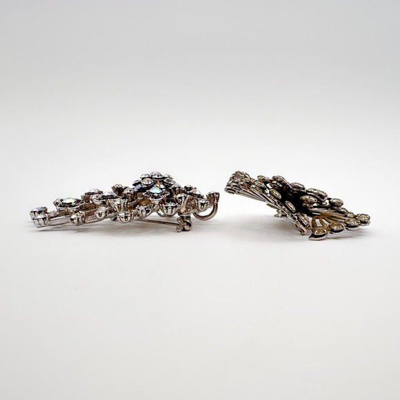 Vintage Atomic Starburst Brooch Pair Clr Rhinestone vs Aurora Borealis '50s '60s - Picture 12 of 12